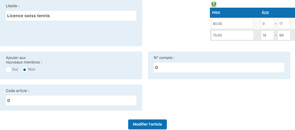 Formulaire de modification des tarifs